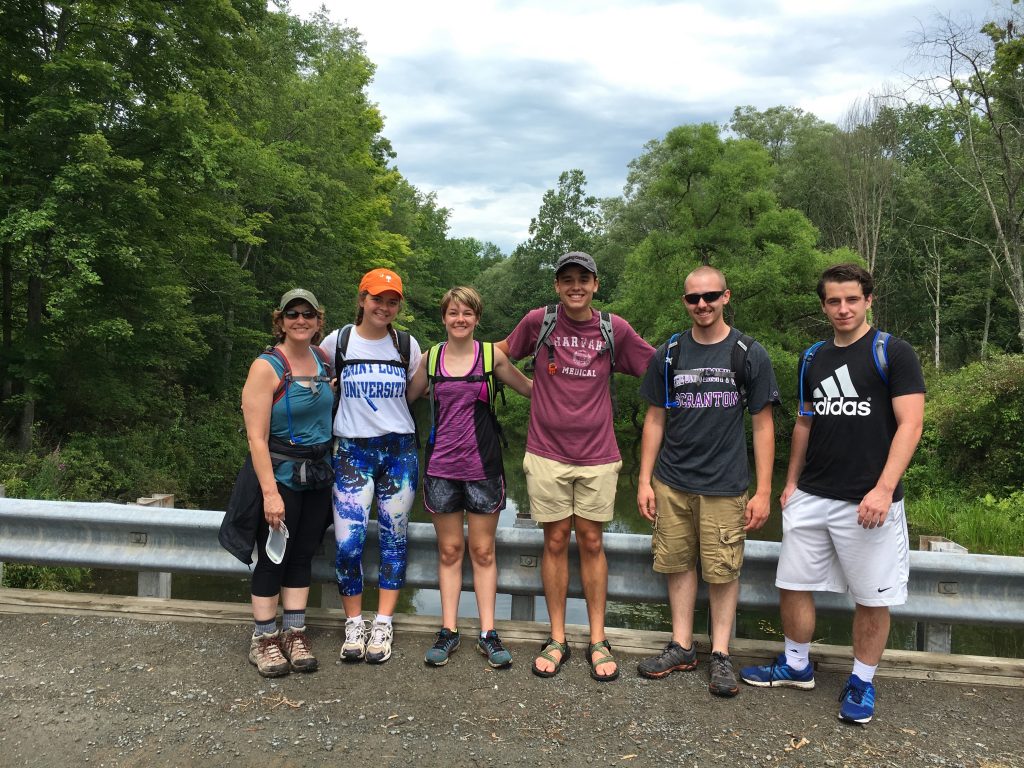 Extreme Physiology students with Pennsylvania Environmental Council (PEC) Vice President Janet Sweeney and her intern Alec Cottone (left). Janet is External Lead to the Pocono Forest and Waters Conservation Landscape, which coordinated selection of course activity sites.