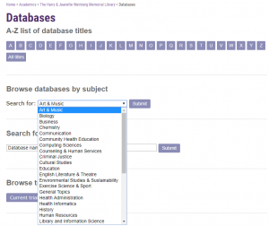 Screen shot of the Library's Databases page with the "Subject" drop-down menu expanded.