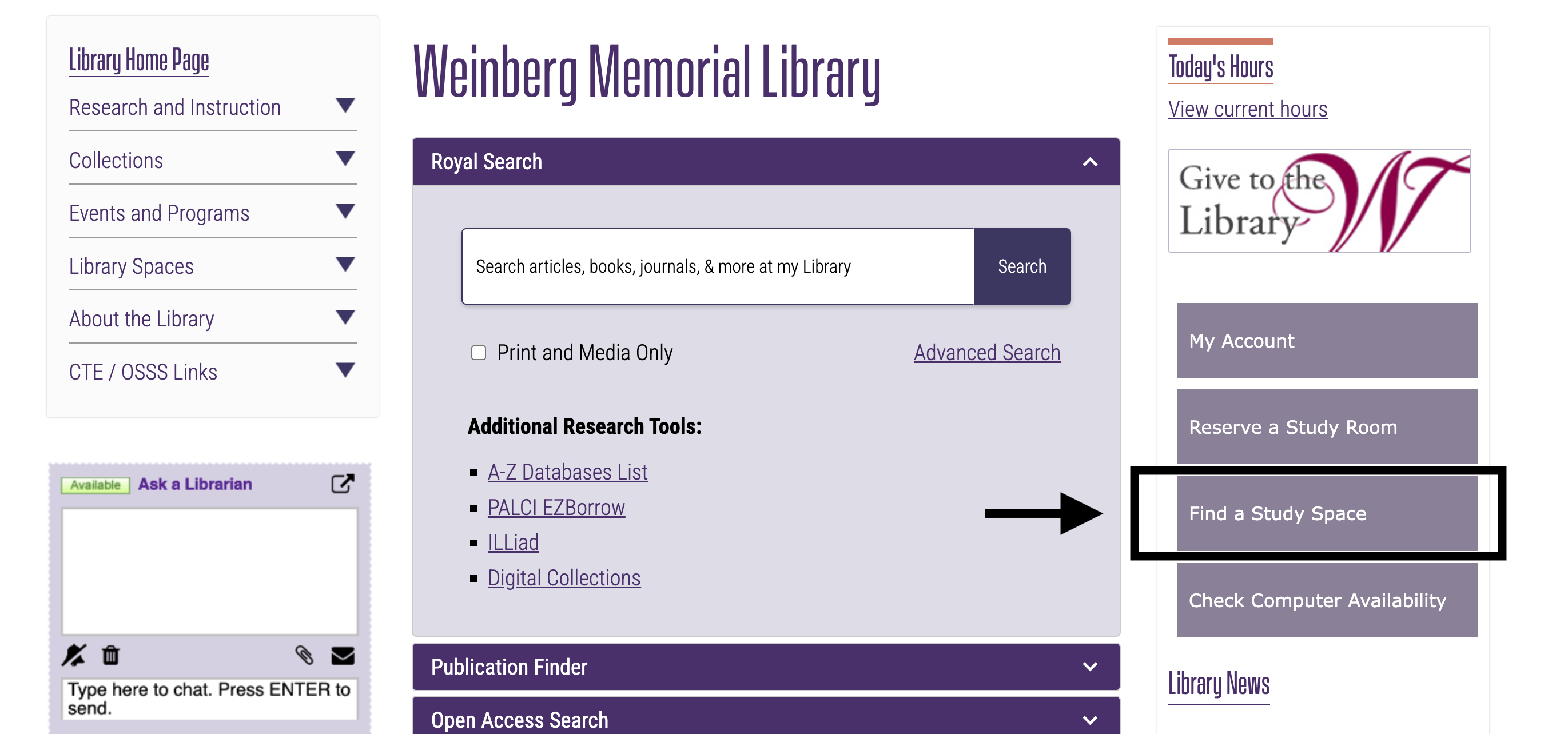 An image of the Library homepage with the Find Study Spaces button on the right hand side of the screen highlighted with a black rectangle and pointed to with a black arrow